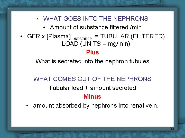 • WHAT GOES INTO THE NEPHRONS • Amount of substance filtered /min • • WHAT GOES INTO THE NEPHRONS • Amount of substance filtered /min •