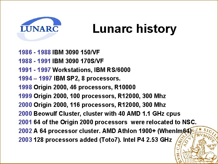 Lunarc history 1986 - 1988 IBM 3090 150/VF 1988 - 1991 IBM 3090 170