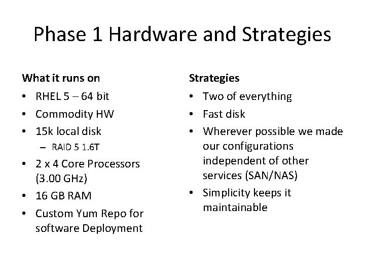 Phase 1 Hardware and Strategies What it runs on Strategies • RHEL 5 –