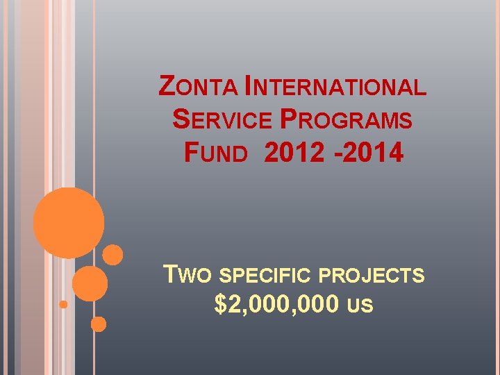 ZONTA INTERNATIONAL SERVICE PROGRAMS FUND 2012 -2014 TWO SPECIFIC PROJECTS $2, 000 US 