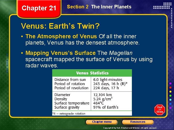 Chapter 21 Section 2 The Inner Planets Venus: Earth's Twin? • The Atmosphere of
