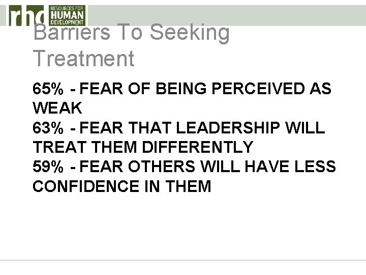 Barriers To Seeking Treatment 65% - FEAR OF BEING PERCEIVED AS WEAK 63% -