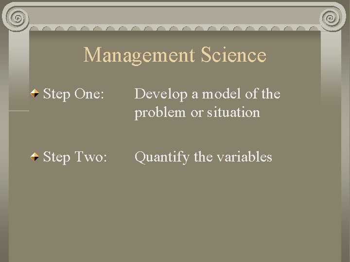 Management Science Step One: Develop a model of the problem or situation Step Two: