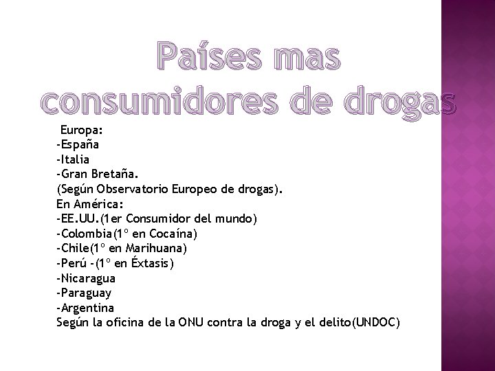 Países mas consumidores de drogas Europa: -España -Italia -Gran Bretaña. (Según Observatorio Europeo de