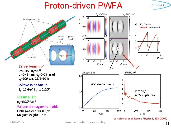 Proton-driven PWFA Drive beam: p+ e- =1011 E=1 Te. V, Np σr=0. 43 mm,