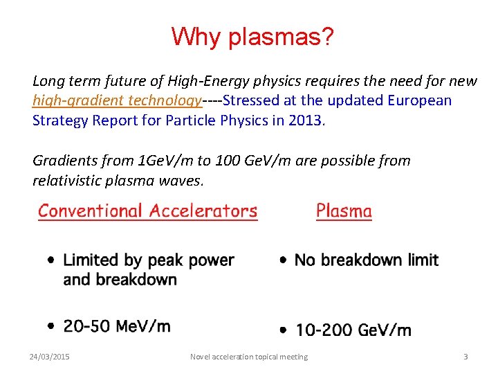 Why plasmas? Long term future of High-Energy physics requires the need for new high-gradient