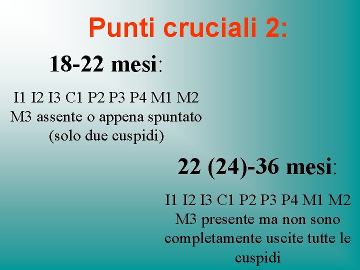 Punti cruciali 2: 18 -22 mesi: I 1 I 2 I 3 C 1