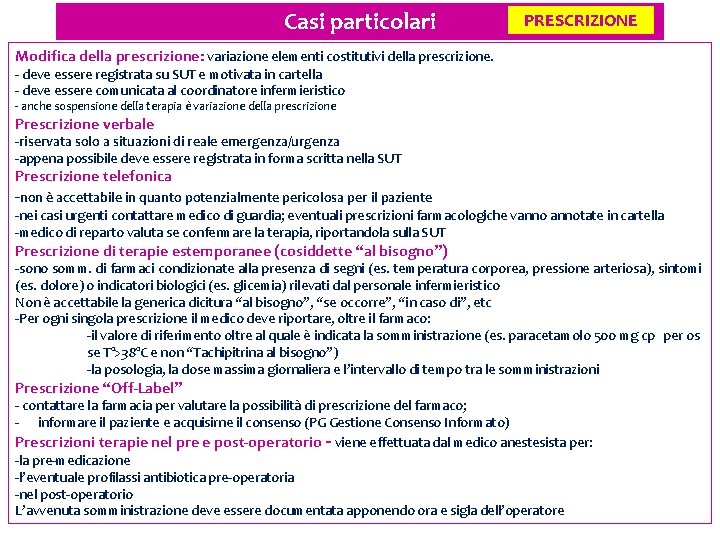 Casi particolari PRESCRIZIONE Modifica della prescrizione: variazione elementi costitutivi della prescrizione. - deve essere Casi particolari PRESCRIZIONE Modifica della prescrizione: variazione elementi costitutivi della prescrizione. - deve essere