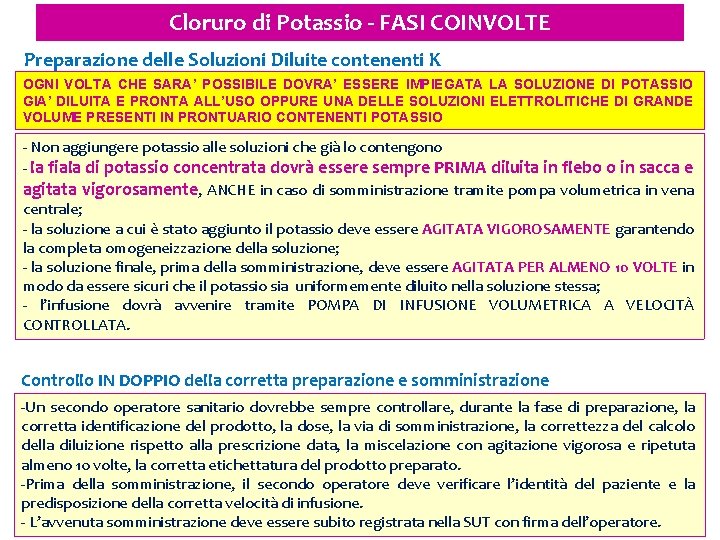 Cloruro di Potassio - FASI COINVOLTE Preparazione delle Soluzioni Diluite contenenti K OGNI VOLTA Cloruro di Potassio - FASI COINVOLTE Preparazione delle Soluzioni Diluite contenenti K OGNI VOLTA