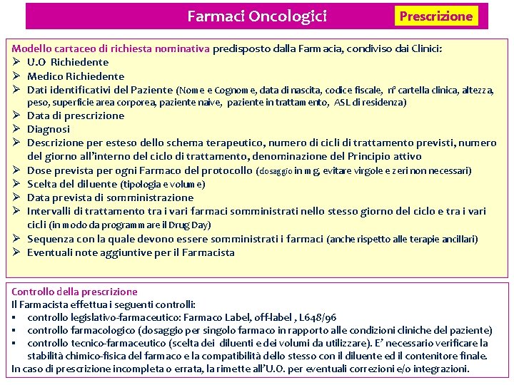 Farmaci Oncologici Prescrizione Modello cartaceo di richiesta nominativa predisposto dalla Farmacia, condiviso dai Clinici: Farmaci Oncologici Prescrizione Modello cartaceo di richiesta nominativa predisposto dalla Farmacia, condiviso dai Clinici: