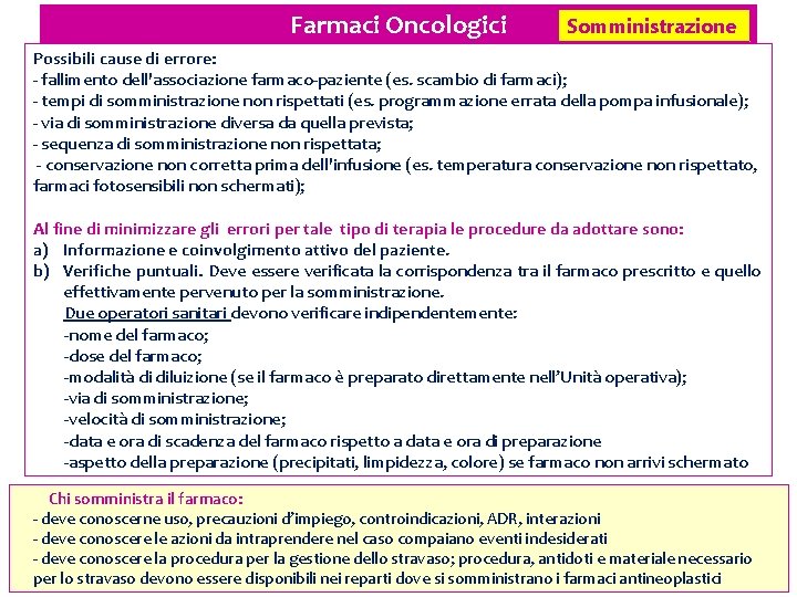 Farmaci Oncologici Somministrazione Possibili cause di errore: - fallimento dell'associazione farmaco-paziente (es. scambio di Farmaci Oncologici Somministrazione Possibili cause di errore: - fallimento dell'associazione farmaco-paziente (es. scambio di
