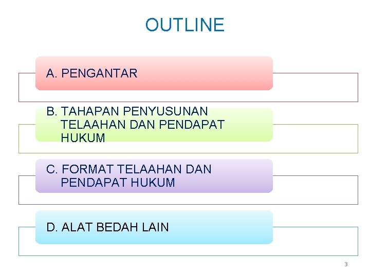 OUTLINE A. PENGANTAR B. TAHAPAN PENYUSUNAN TELAAHAN DAN PENDAPAT HUKUM C. FORMAT TELAAHAN DAN