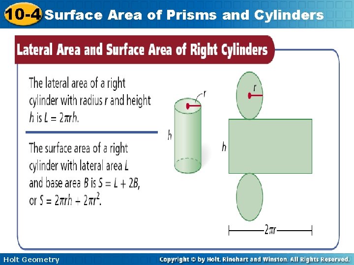 10 -4 Surface Area of Prisms and Cylinders Holt Geometry 
