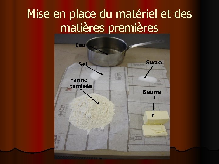 Mise en place du matériel et des matières premières Eau Sel Farine tamisée Sucre