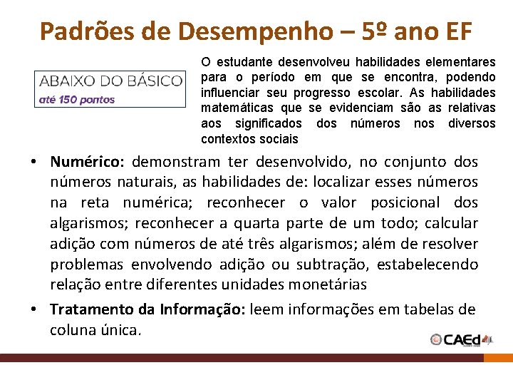Padrões de Desempenho – 5º ano EF O estudante desenvolveu habilidades elementares para o Padrões de Desempenho – 5º ano EF O estudante desenvolveu habilidades elementares para o