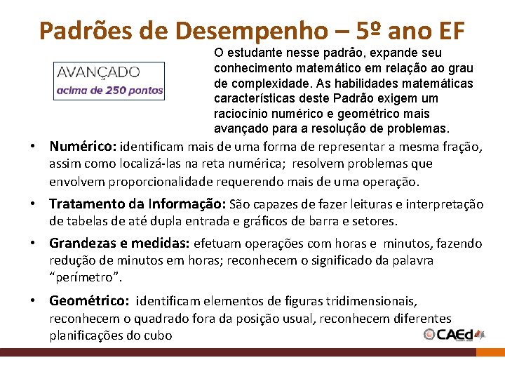 Padrões de Desempenho – 5º ano EF O estudante nesse padrão, expande seu conhecimento Padrões de Desempenho – 5º ano EF O estudante nesse padrão, expande seu conhecimento