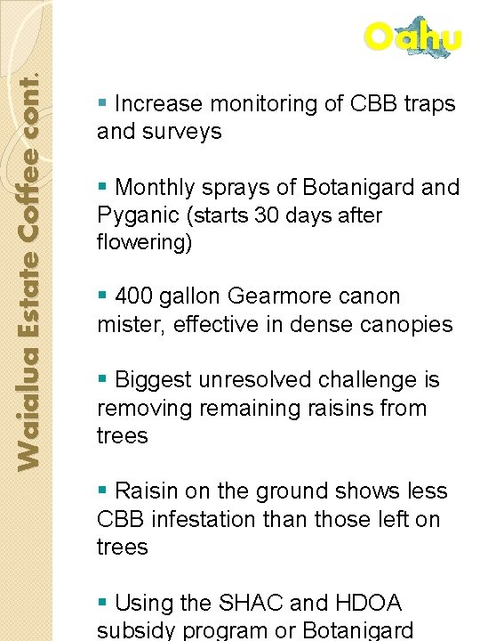 Waialua Estate Coffee cont. Oahu § Increase monitoring of CBB traps and surveys §