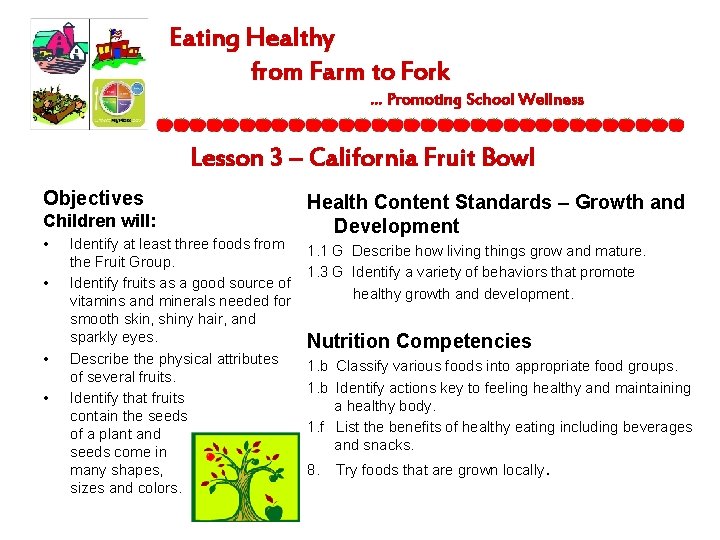 Eating Healthy from Farm to Fork … Promoting School Wellness Lesson 3 – California