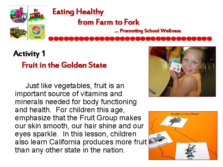 Eating Healthy from Farm to Fork … Promoting School Wellness Activity 1 Fruit in