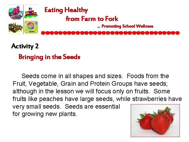 Eating Healthy from Farm to Fork … Promoting School Wellness Activity 2 Bringing in
