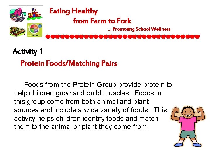 Eating Healthy from Farm to Fork … Promoting School Wellness Activity 1 Protein Foods/Matching