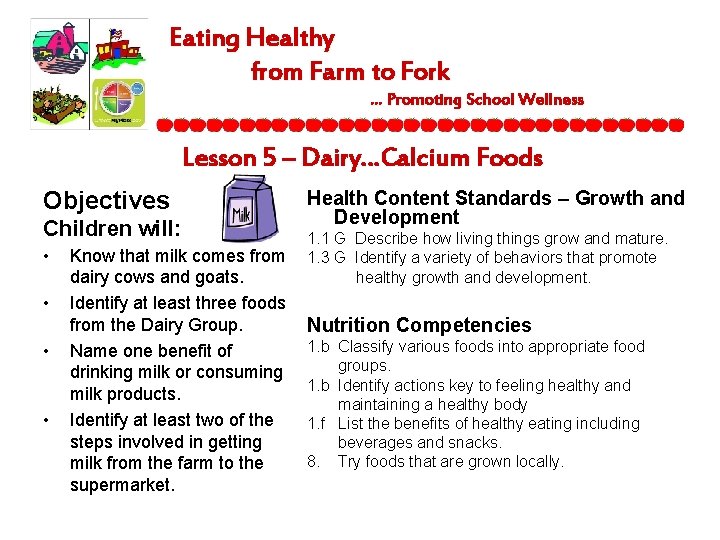 Eating Healthy from Farm to Fork … Promoting School Wellness Lesson 5 – Dairy…Calcium