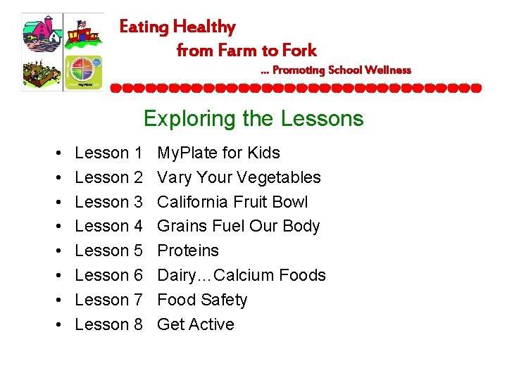 Eating Healthy from Farm to Fork … Promoting School Wellness Exploring the Lessons •