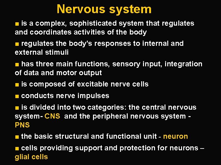 Nervous system ■ is a complex, sophisticated system that regulates and coordinates activities of