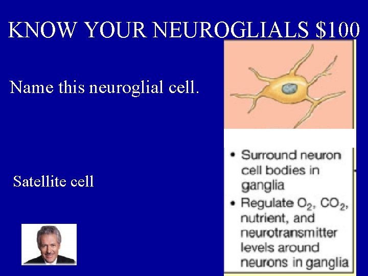 KNOW YOUR NEUROGLIALS $100 Name this neuroglial cell. Satellite cell 