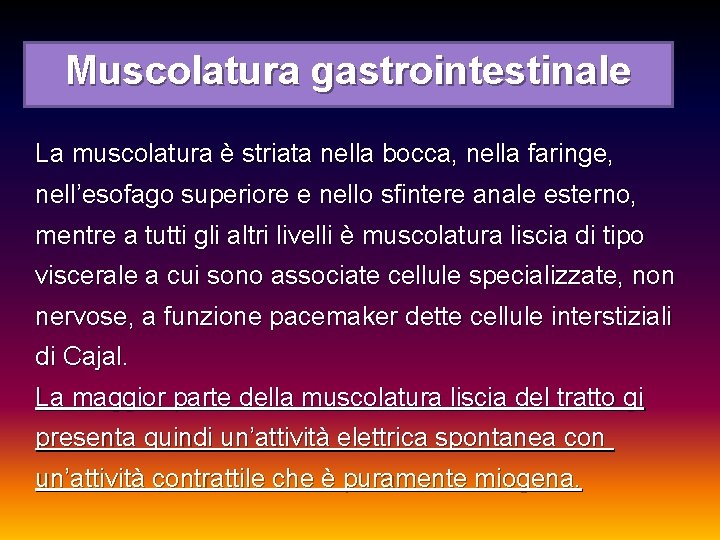 Muscolatura gastrointestinale La muscolatura è striata nella bocca, nella faringe, nell’esofago superiore e nello