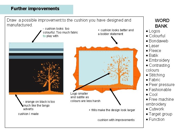 Further improvements Draw a possible improvement to the cushion you have designed and manufactured.