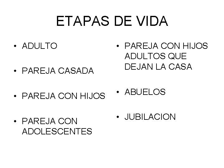 ETAPAS DE VIDA • ADULTO • PAREJA CASADA • PAREJA CON HIJOS ADULTOS QUE