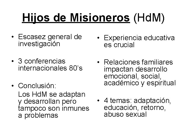 Hijos de Misioneros (Hd. M) • Escasez general de investigación • Experiencia educativa es