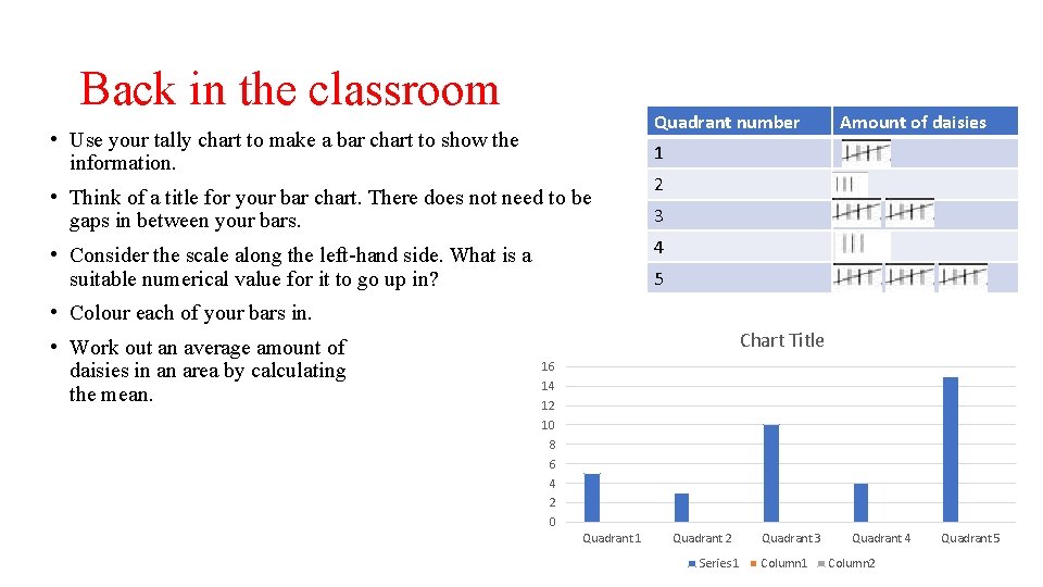 Back in the classroom Quadrant number • Use your tally chart to make a