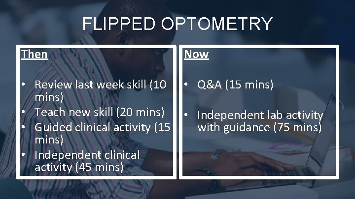FLIPPED OPTOMETRY Then Now • Review last week skill (10 mins) • Teach new