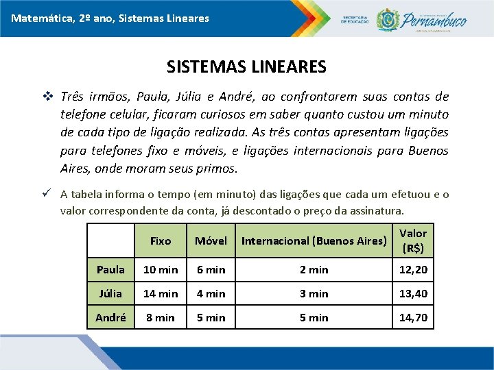 Matemática, 2º ano, Sistemas Lineares SISTEMAS LINEARES v Três irmãos, Paula, Júlia e André,