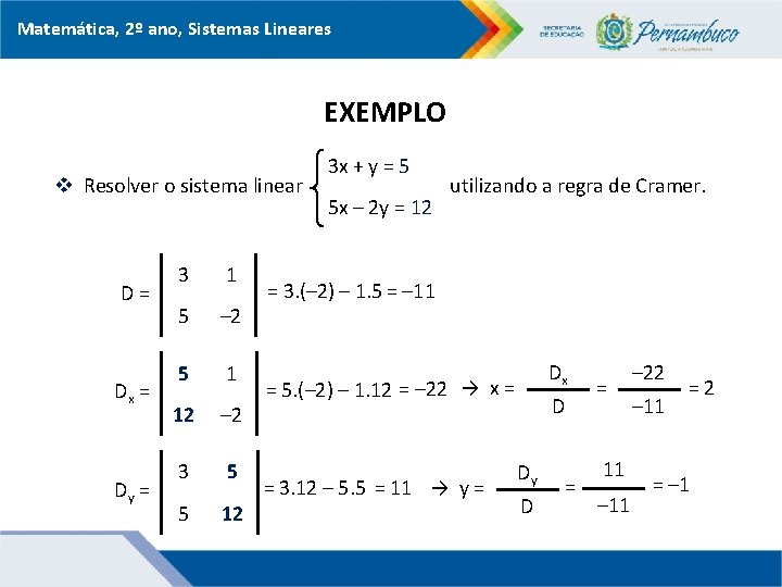 Matemática, 2º ano, Sistemas Lineares EXEMPLO v Resolver o sistema linear D= Dx =