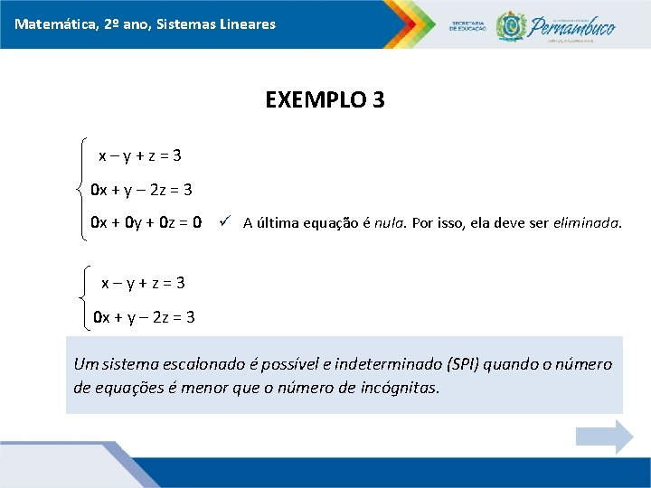 Matemática, 2º ano, Sistemas Lineares EXEMPLO 3 x–y+z=3 0 x + y – 2