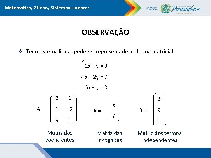 Matemática, 2º ano, Sistemas Lineares OBSERVAÇÃO v Todo sistema linear pode ser representado na