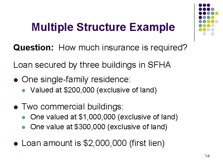 Multiple Structure Example Question: How much insurance is required? Loan secured by three buildings Multiple Structure Example Question: How much insurance is required? Loan secured by three buildings
