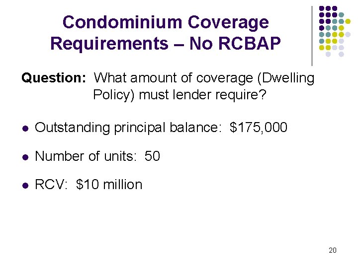 Condominium Coverage Requirements – No RCBAP Question: What amount of coverage (Dwelling Policy) must Condominium Coverage Requirements – No RCBAP Question: What amount of coverage (Dwelling Policy) must