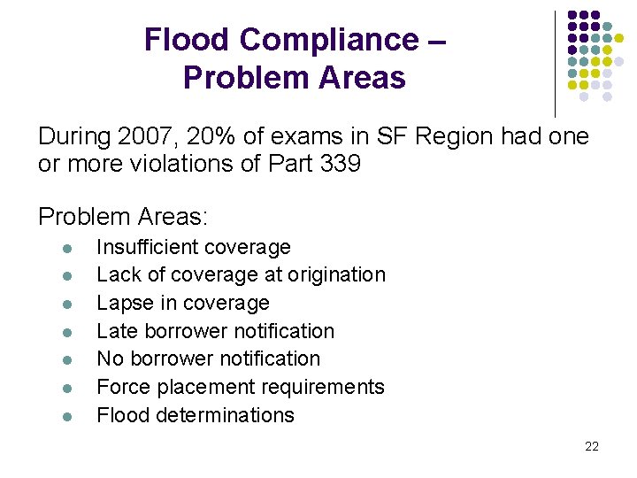 Flood Compliance – Problem Areas During 2007, 20% of exams in SF Region had Flood Compliance – Problem Areas During 2007, 20% of exams in SF Region had