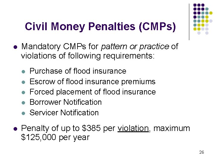 Civil Money Penalties (CMPs) l Mandatory CMPs for pattern or practice of violations of Civil Money Penalties (CMPs) l Mandatory CMPs for pattern or practice of violations of