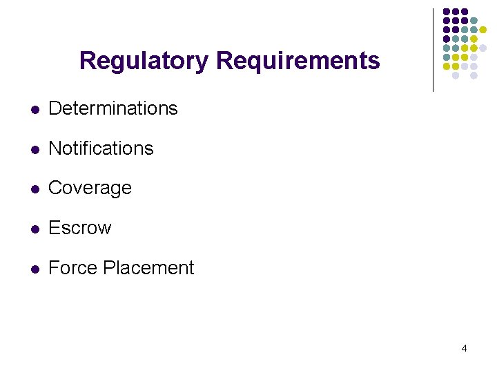 Regulatory Requirements l Determinations l Notifications l Coverage l Escrow l Force Placement 4 Regulatory Requirements l Determinations l Notifications l Coverage l Escrow l Force Placement 4