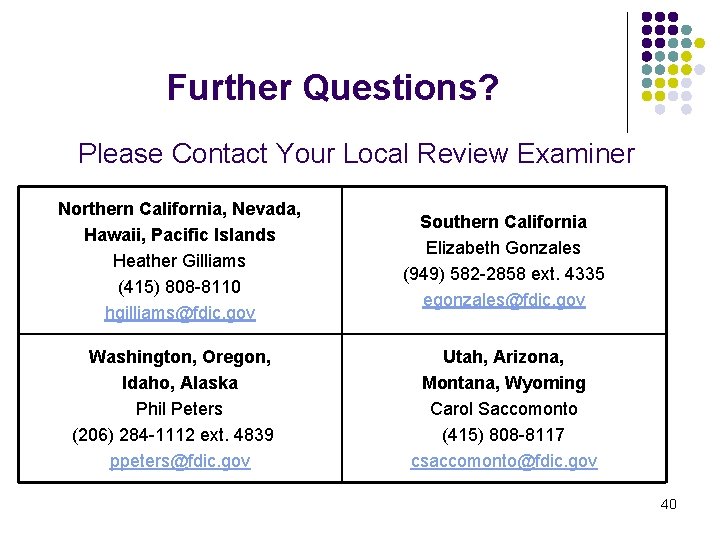 Further Questions? Please Contact Your Local Review Examiner Northern California, Nevada, Hawaii, Pacific Islands Further Questions? Please Contact Your Local Review Examiner Northern California, Nevada, Hawaii, Pacific Islands