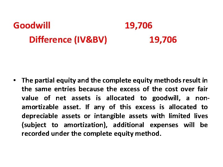 Goodwill Difference (IV&BV) 19, 706 • The partial equity and the complete equity methods