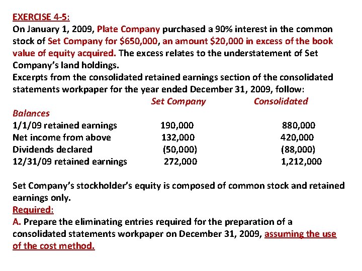 EXERCISE 4 -5: On January 1, 2009, Plate Company purchased a 90% interest in