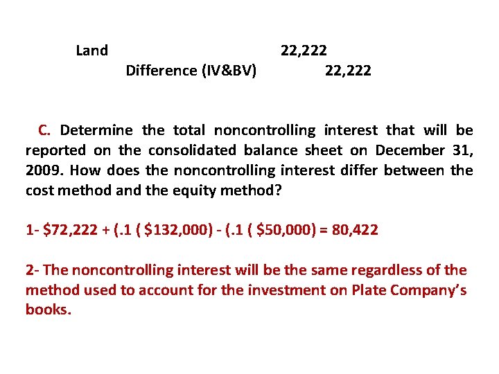 Land 22, 222 Difference (IV&BV) 22, 222 C. Determine the total noncontrolling interest that