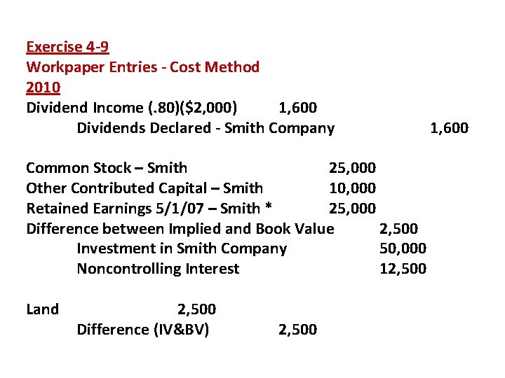 Exercise 4 -9 Workpaper Entries - Cost Method 2010 Dividend Income (. 80)($2, 000)