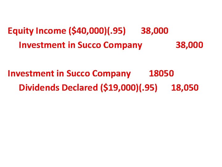 Equity Income ($40, 000)(. 95) 38, 000 Investment in Succo Company 38, 000 Investment